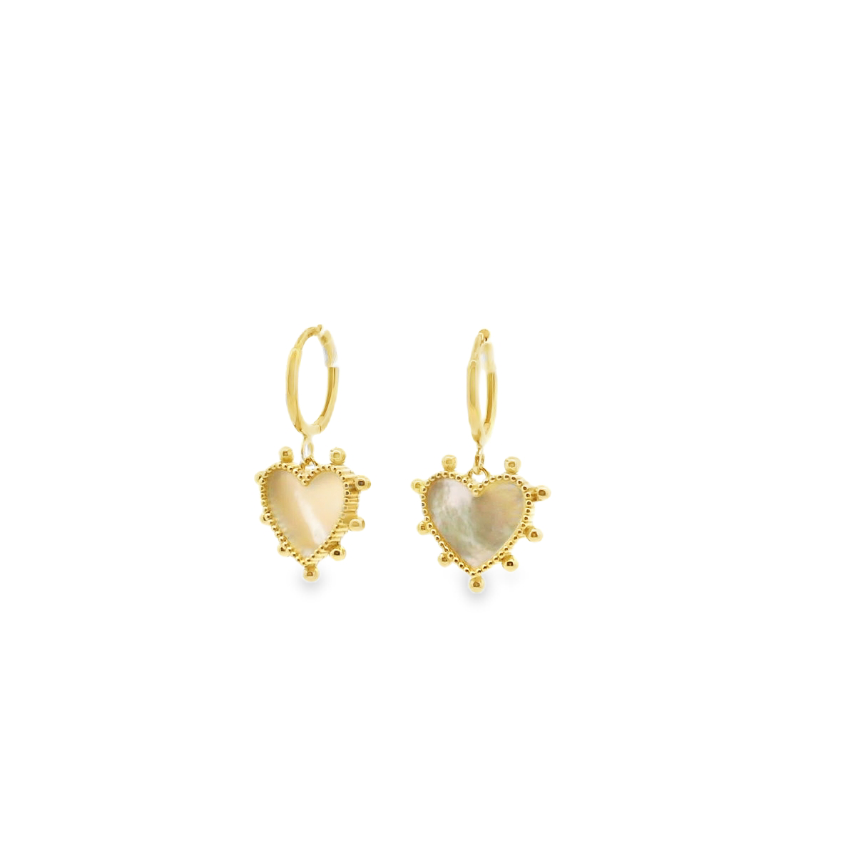 Mother of Pearl Heart Drop Huggie Earrings in 9ct Yellow Gold