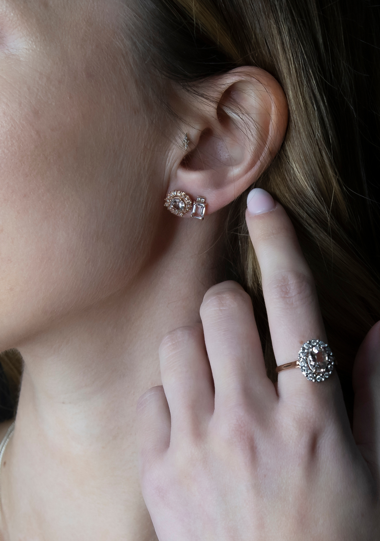 Morganite & Diamond 9k Rose Gold Baguette Cut Stud Earrings