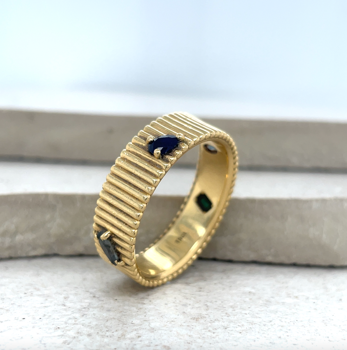 18ct Yellow Gold Ridged 6.5mm Band with Bead-Set Stones