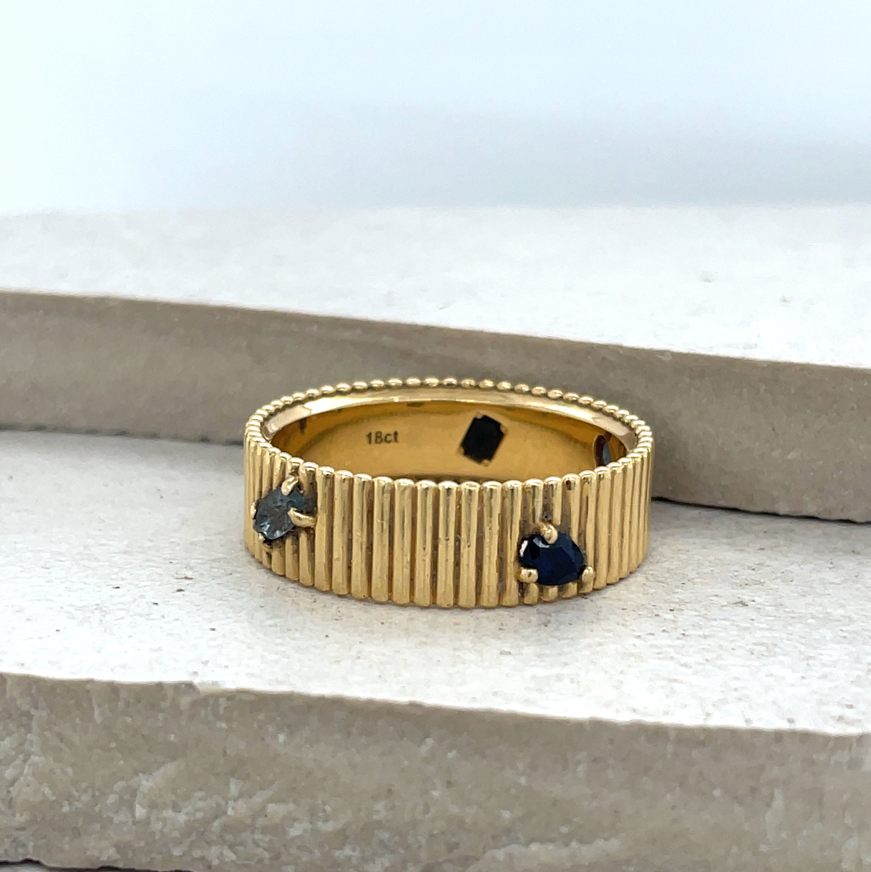 18ct Yellow Gold Ridged 6.5mm Band with Bead-Set Stones