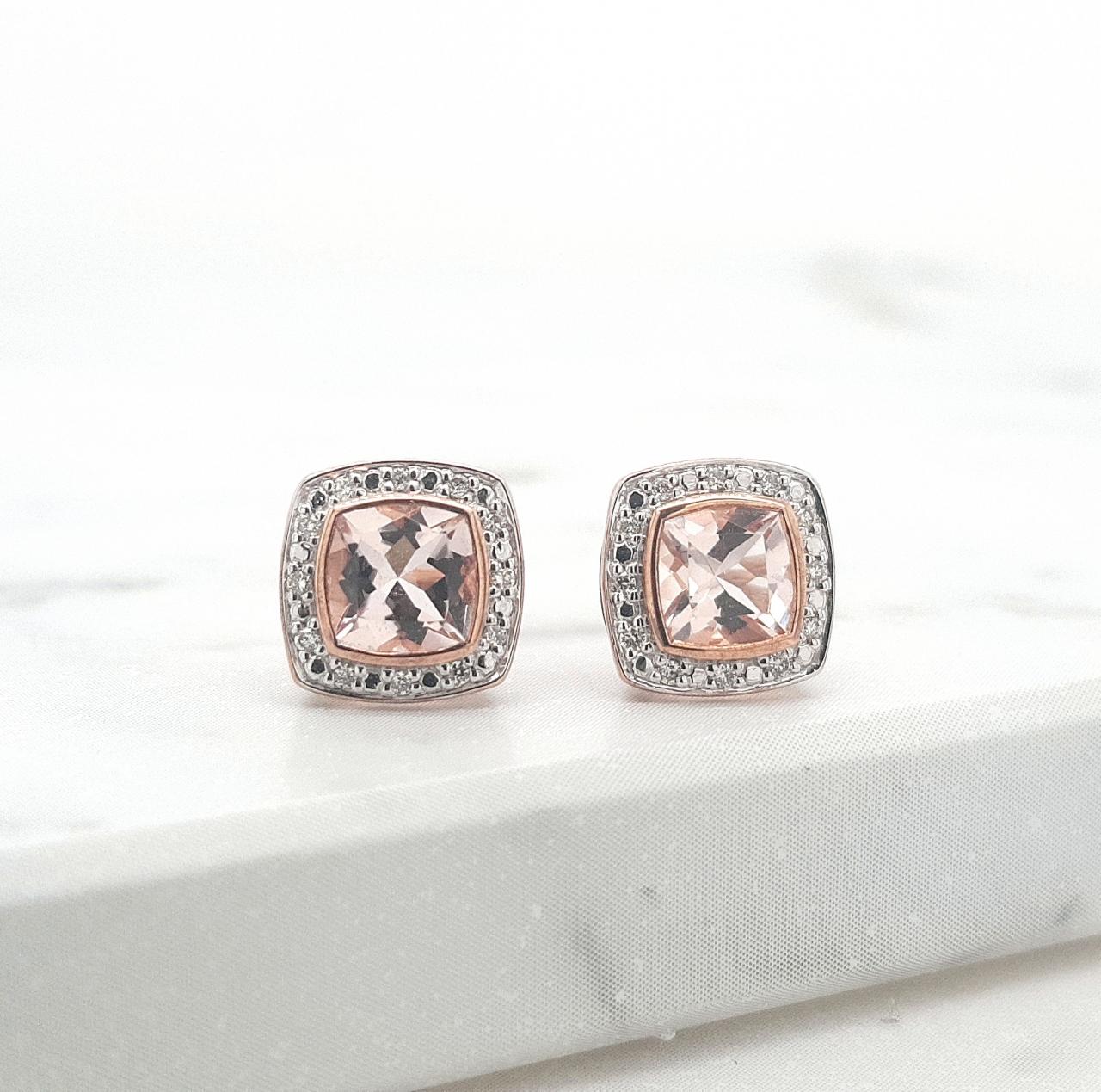 Morganite & Diamond 9k Rose Gold Cushion Cut Halo Stud Earrings