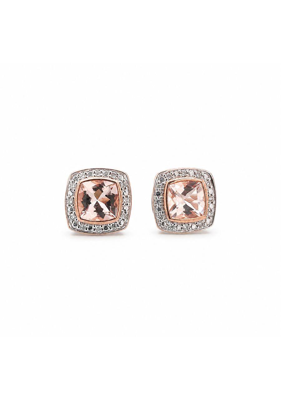 9ct Rose Gold Morganite & Diamond Cushion Cut Halo Stud Earrings