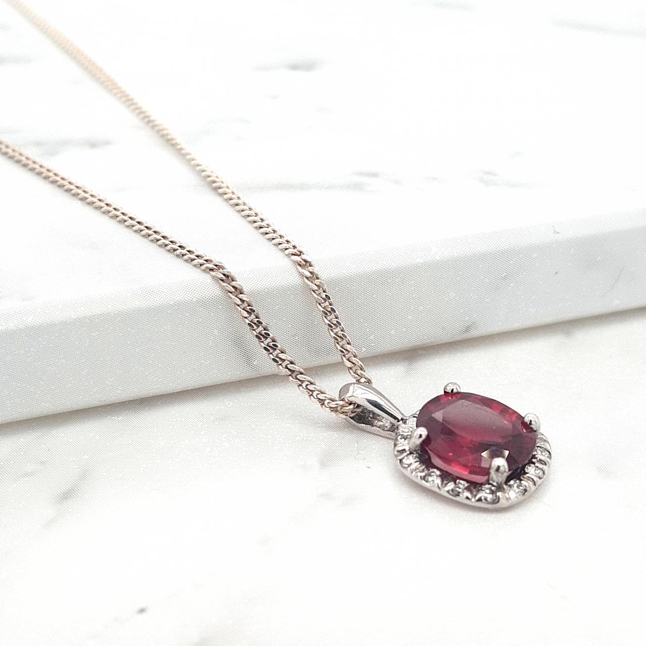 Garnet & Diamond 14k White Gold Halo Pendant