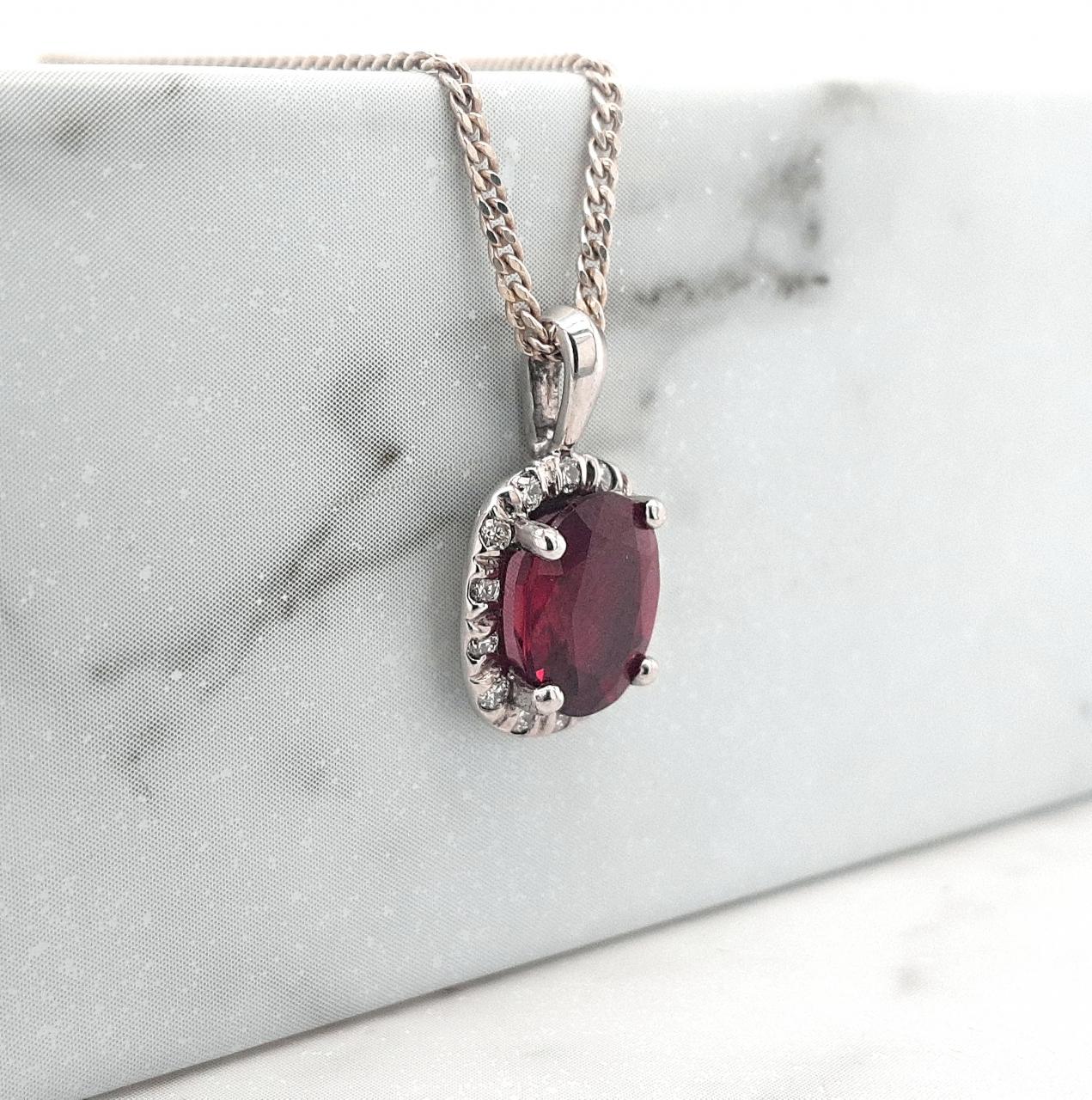 Garnet & Diamond 14k White Gold Halo Pendant