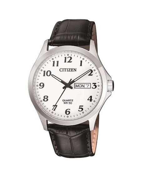 Citizen Gents Quartz Stainless Steel White Dail Black Leather Strap Watch 50M WR Watch Code: BF5000-01A