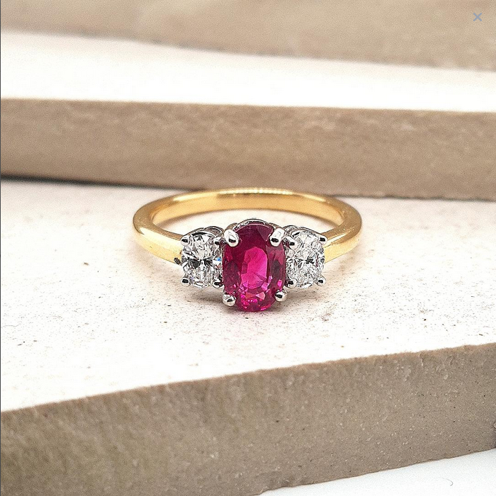 Ruby Oval Diamond 18ct Yellow and White Gold Three Stone Ring