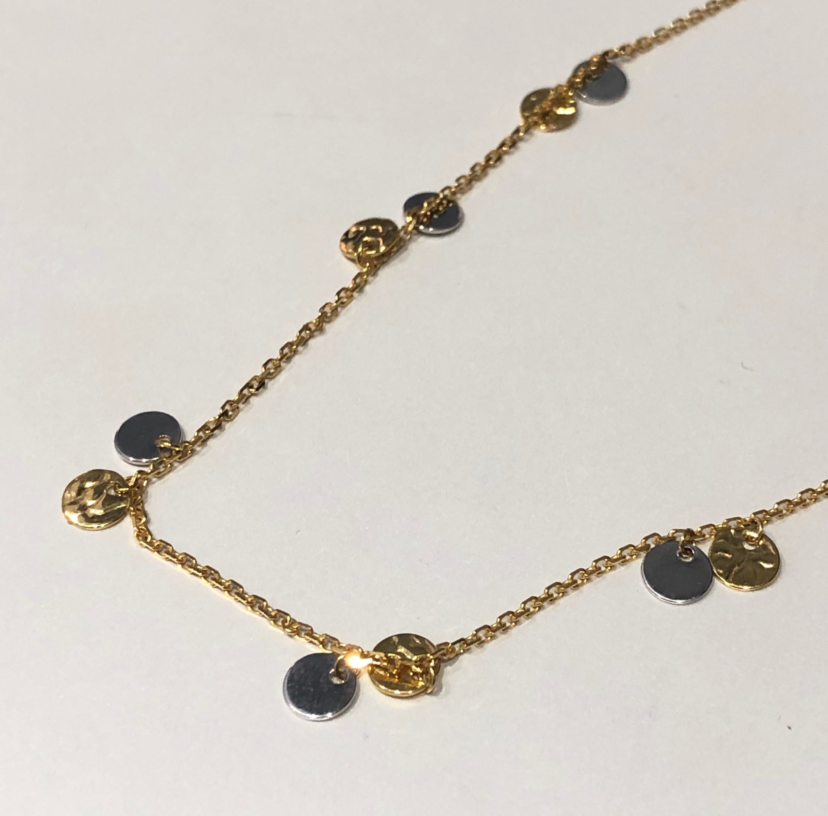 9ct Yellow Gold Textured Disc with 9ct White Discs on Trace Chain