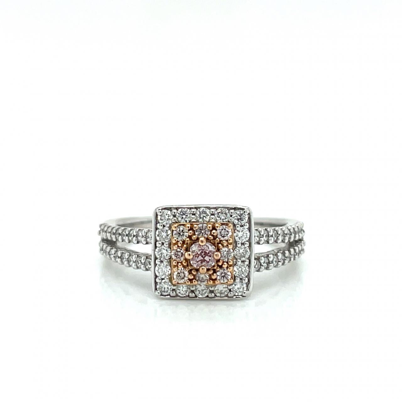 Pink Diamond & White Diamond 18k White & Rose Gold Square Halo Split Band Ring
