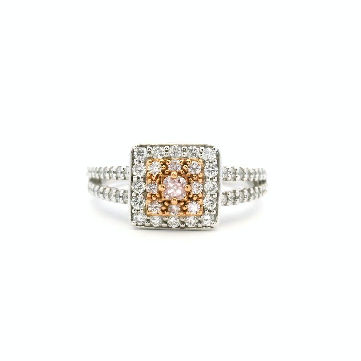 Pink Diamond & White Diamond 18k White & Rose Gold Square Halo Split Band Ring