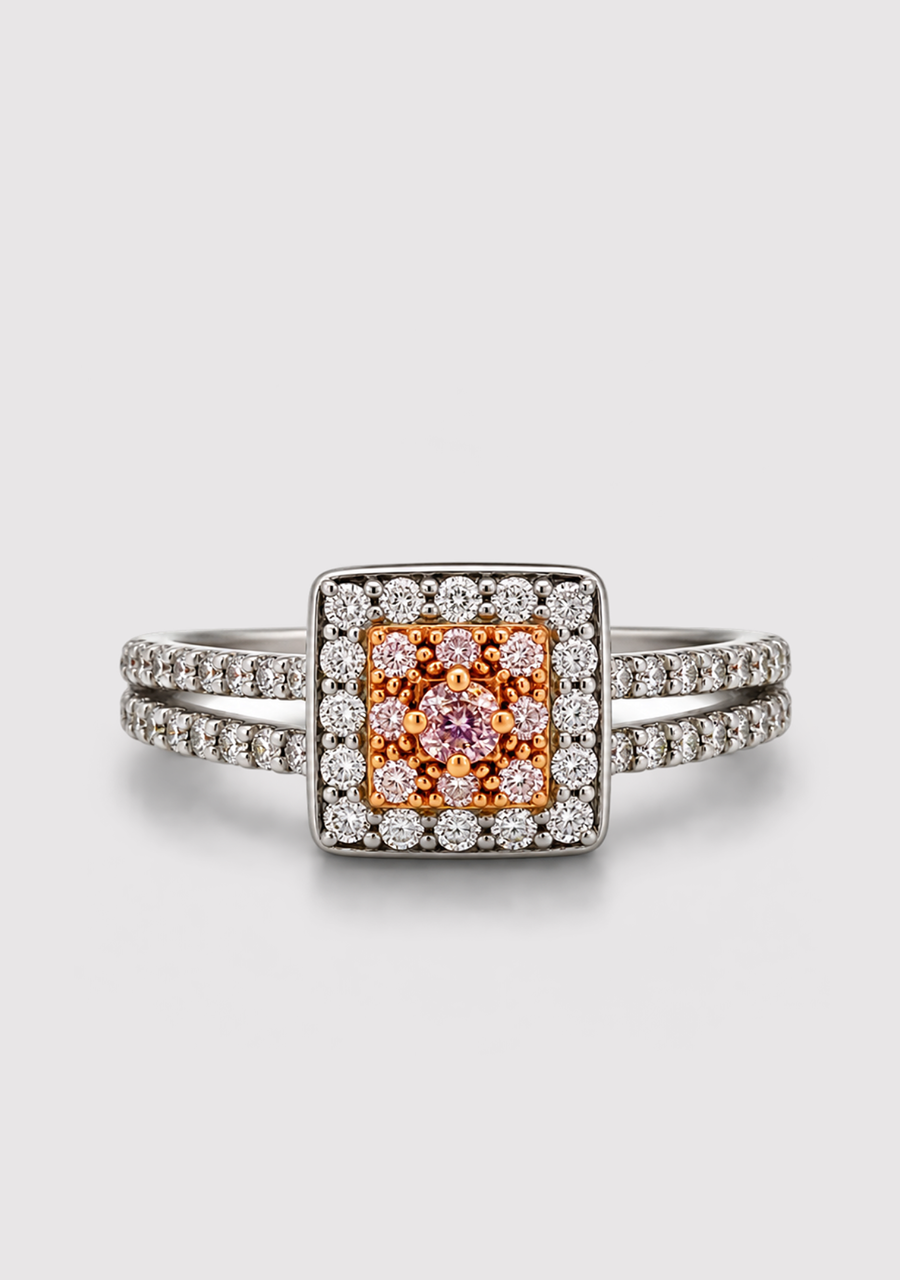 Pink Diamond & White Diamond 18k White & Rose Gold Square Halo Split Band Ring
