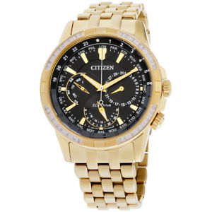 Citizen Yellow Gold Plated Diamond Set Black Chronograph Dial 100m Water Resistant Eco-Drive Watch Code: BU2082-56E