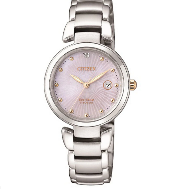 Citizen Ladies Titanium Round Pink Dial Sapphire Crystal Glass 50m WR Eco-Drive Watch Code: EW2506-81Y