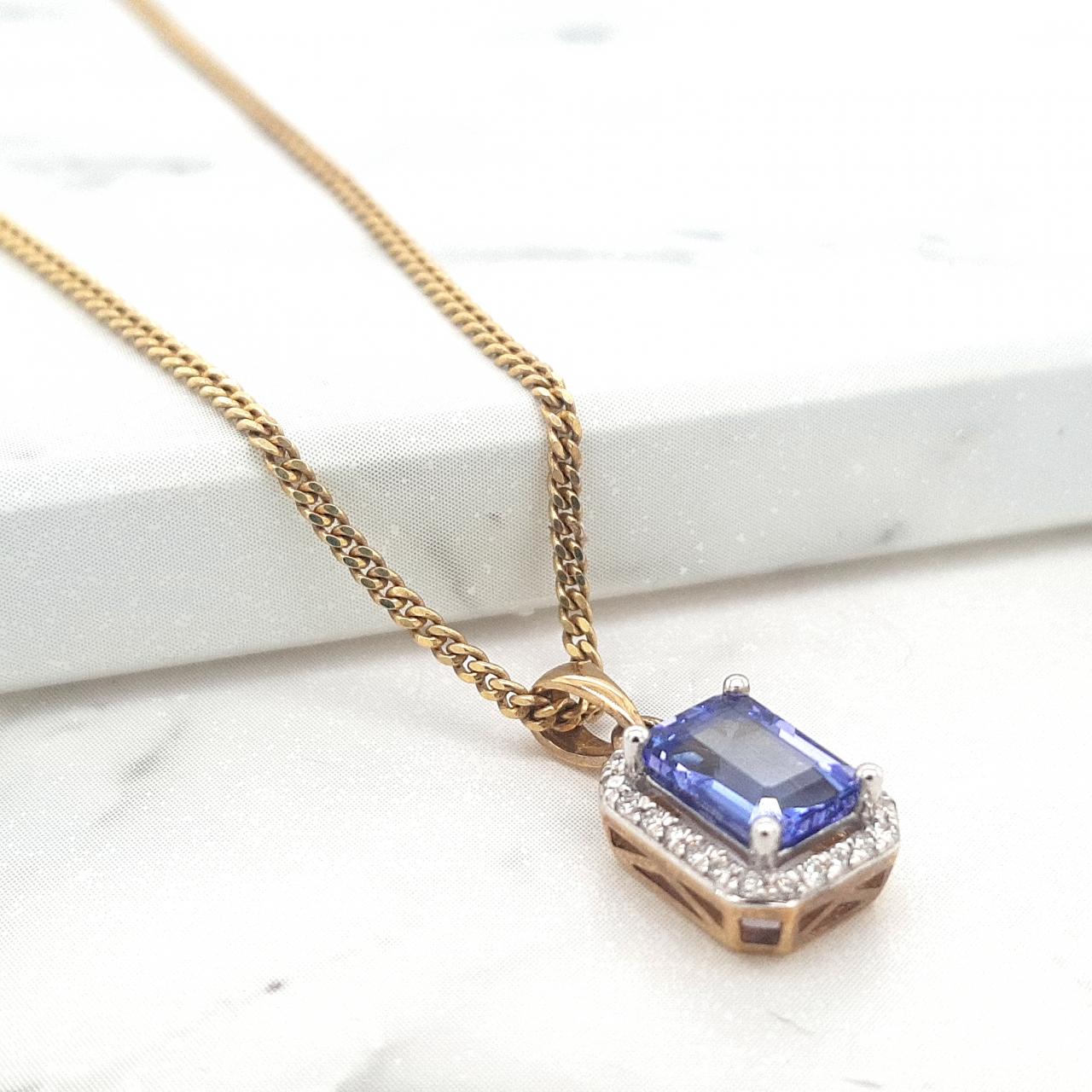 Tanzanite & Diamond 9k Yellow & White Gold Emerald Cut Halo Pendant