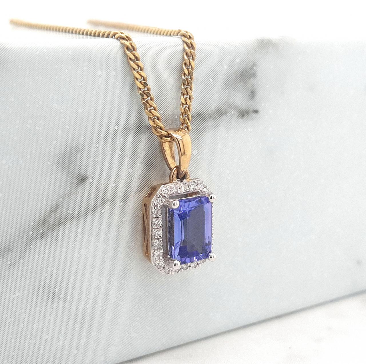Tanzanite & Diamond 9k Yellow & White Gold Emerald Cut Halo Pendant