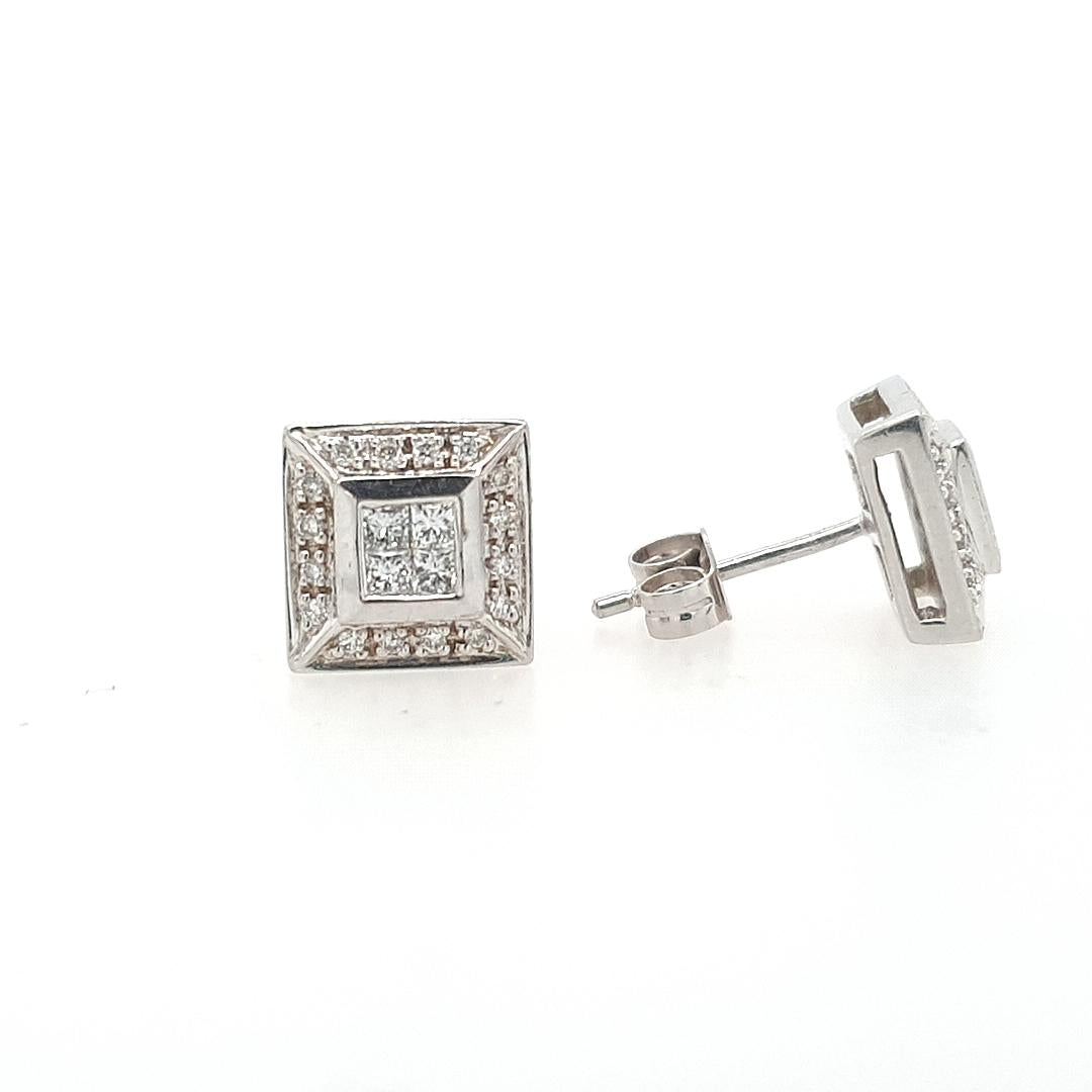 9ct White Gold Round Brilliant Claw Set Diamond Square Stud Earrings