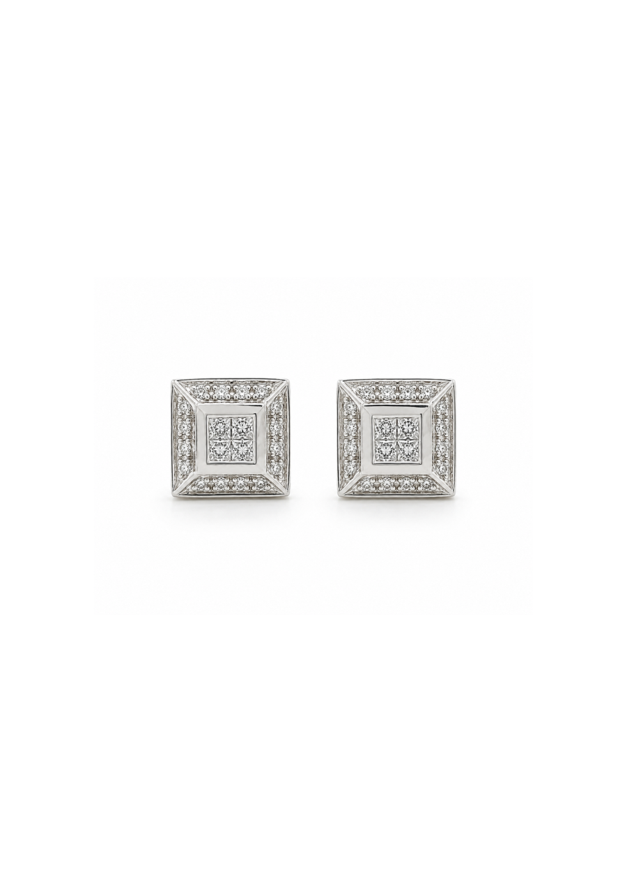 9ct White Gold Round Brilliant Claw Set Diamond Square Stud Earrings