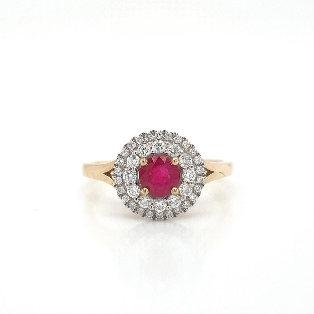 Ruby & Diamond 9k Yellow Gold Double Halo Ring