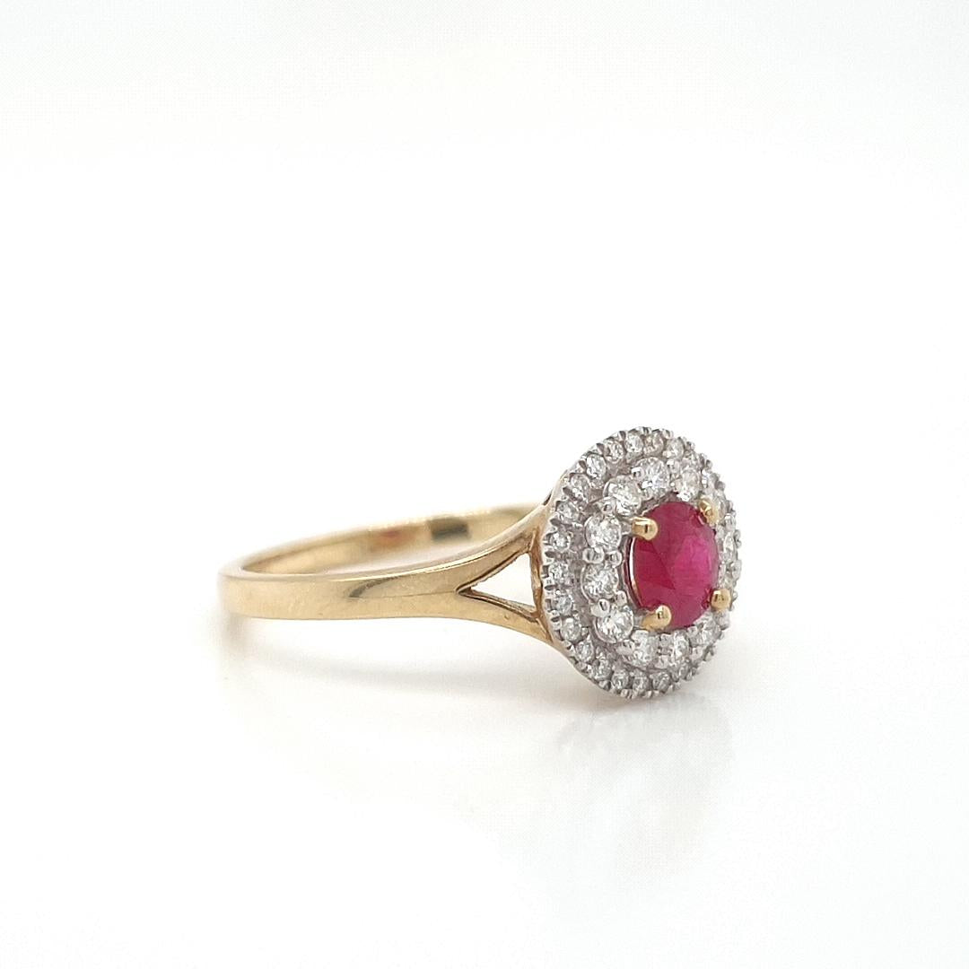 Ruby & Diamond 9k Yellow Gold Double Halo Ring