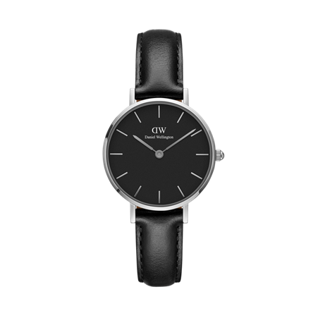 Daniel Wellington 32mm Silver Petite Sheffield Black Leather Strap Watch with Black Dial
