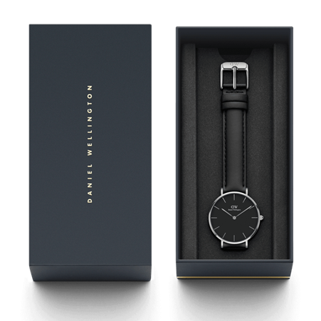 Daniel Wellington 32mm Silver Petite Sheffield Black Leather Strap Watch with Black Dial