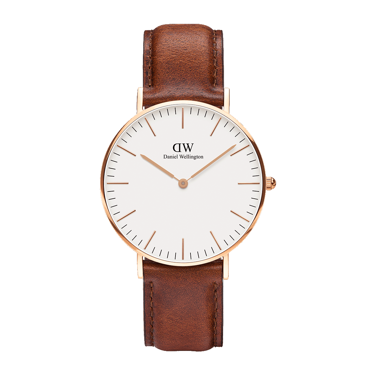 Daniel Wellington 40mm Rose Gold Plated Classic St Mawes Brown Leather Strap Watch with White Dial DW00100006