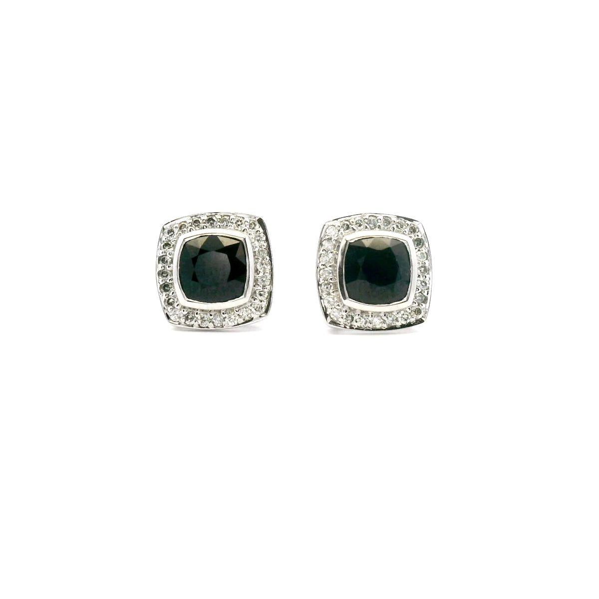 Sapphire & Diamond 9ct White Gold Cushion Cut Sapphire Bezel Set & 0.24ct Round Brilliant Diamond Bead Set Stud Earrings