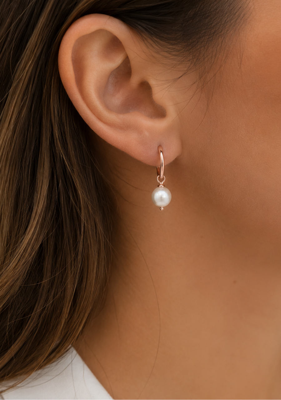 9ct Rose Gold Huggie Earrings with 11-12mm Freshwater Pearl Drops
