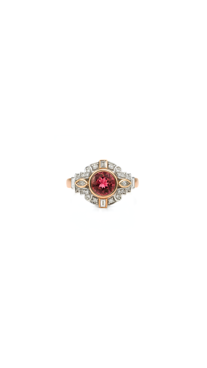 Pink Tourmaline & Diamond Vintage Style Ring in 9ct Rose Gold