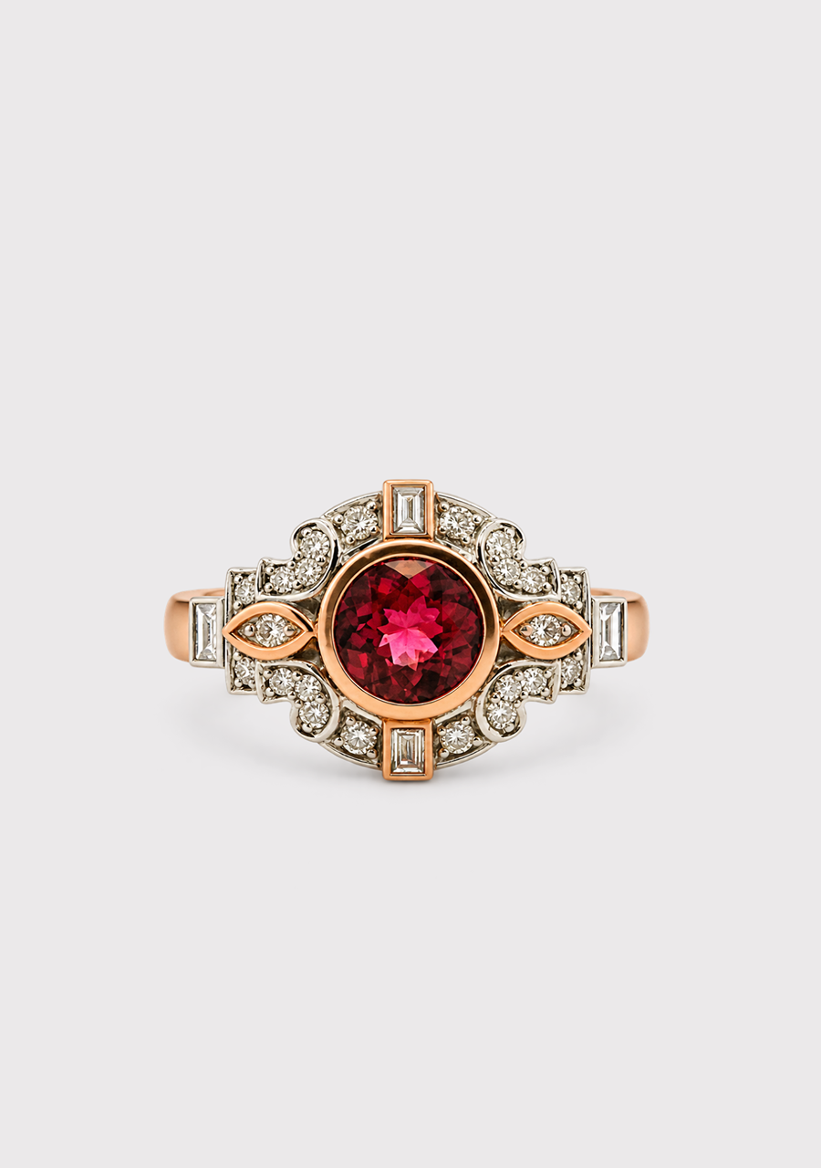 Tourmaline & Diamond 9ct Rose Gold Vintage Style Ring
