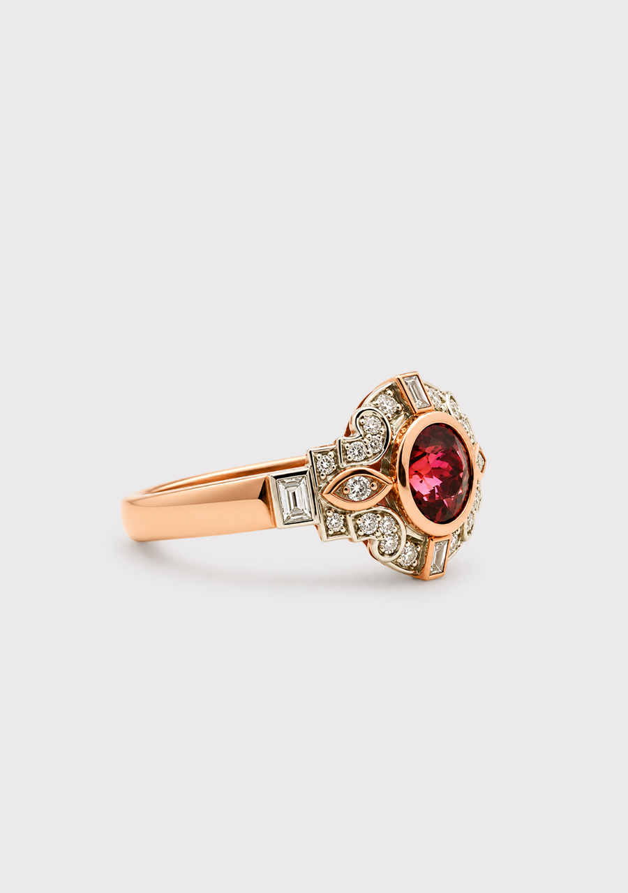 Tourmaline & Diamond 9ct Rose Gold Vintage Style Ring