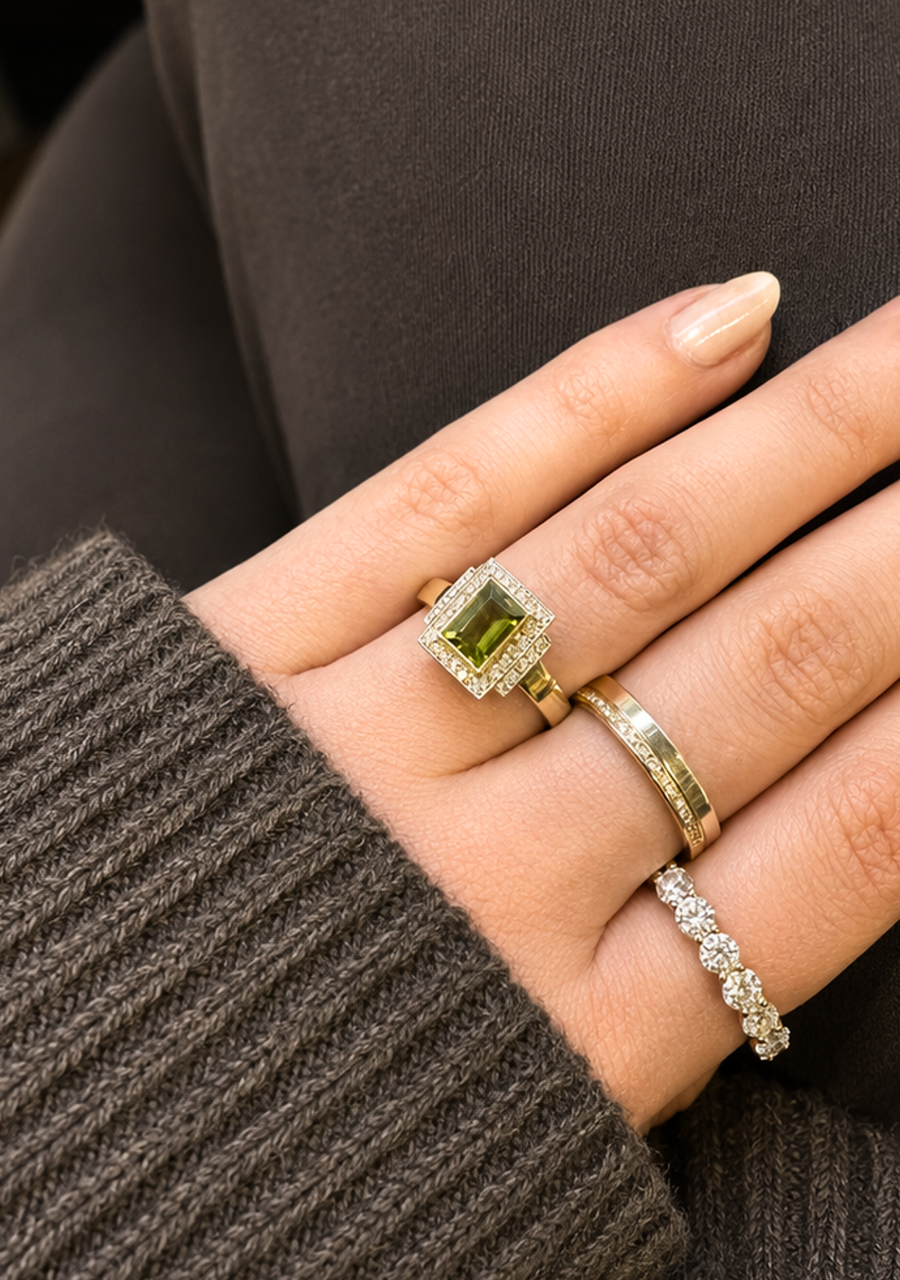 Tourmaline & Diamond 9k Yellow Gold Bezel Set Ring