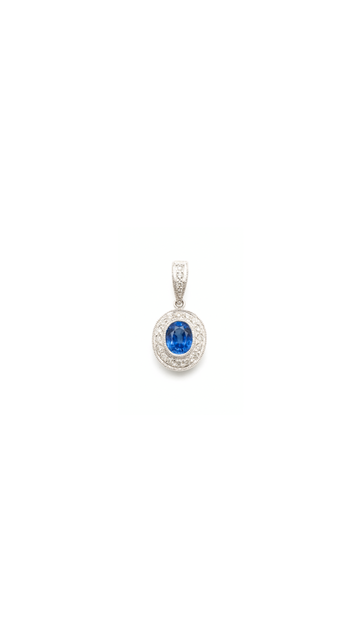 Ceylon Sapphire & Diamond Bezel Set Halo Pendant in 14ct White Gold