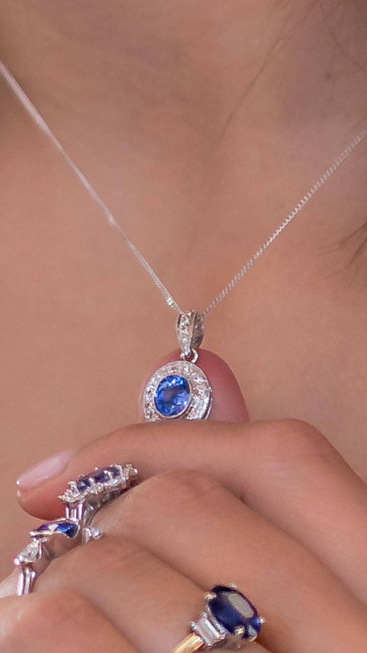 Ceylon Sapphire & Diamond Bezel Set Halo Pendant in 14ct White Gold