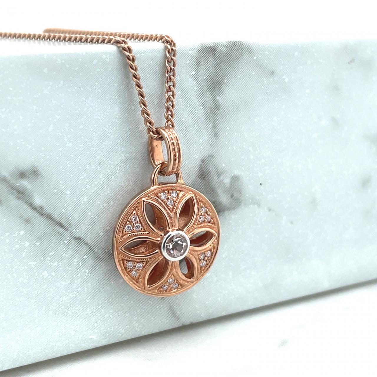 Pink Diamond & Morganite 9k Rose Gold Filigree Round Pendant