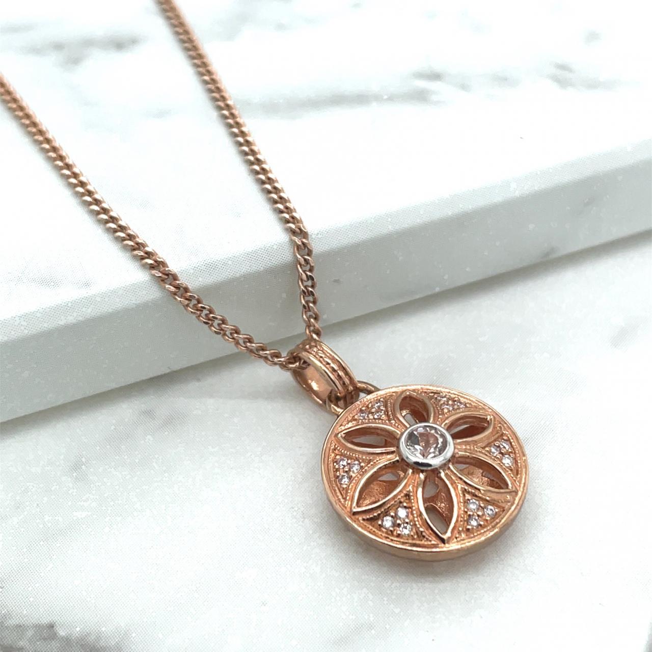 Pink Diamond & Morganite 9k Rose Gold Filigree Round Pendant