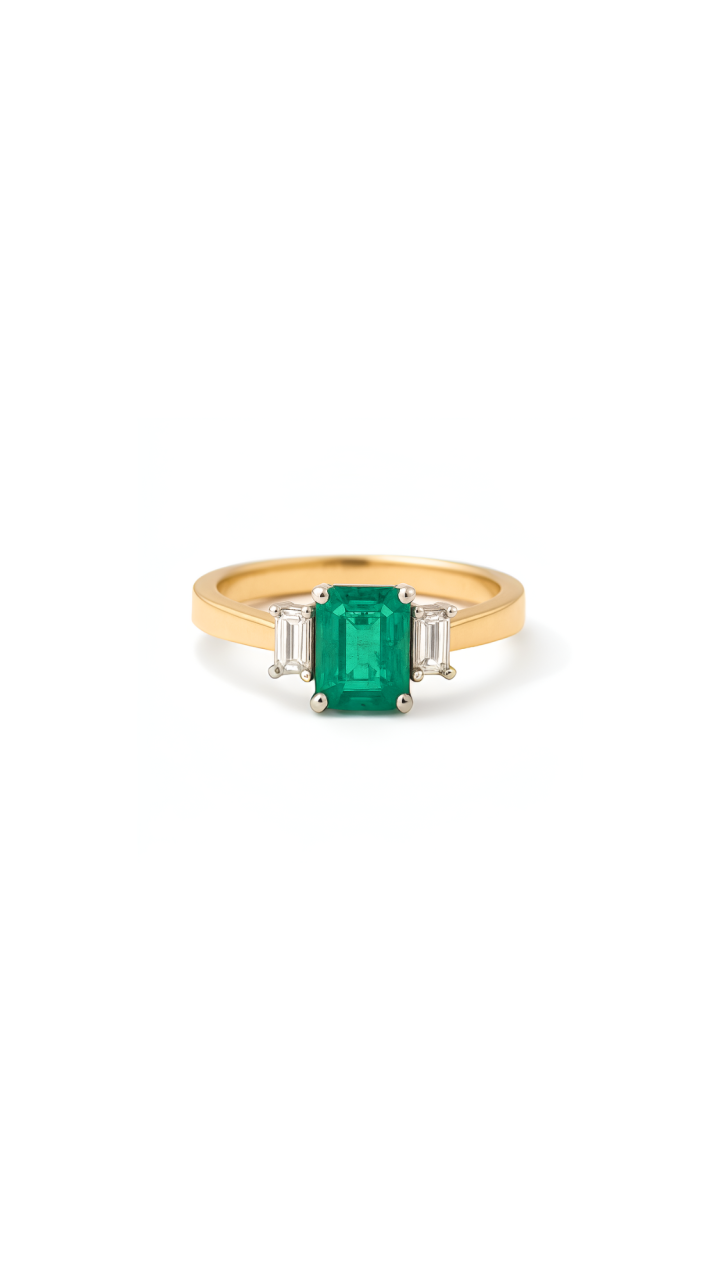 Emerald & Diamond Baguette Trilogy Ring