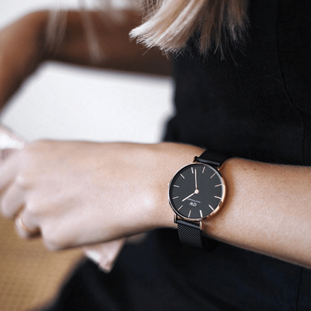 Daniel Wellington 36mm Rose Gold Plated Classic Petite Ashfield Black Mesh Strap Watch with Black Dial