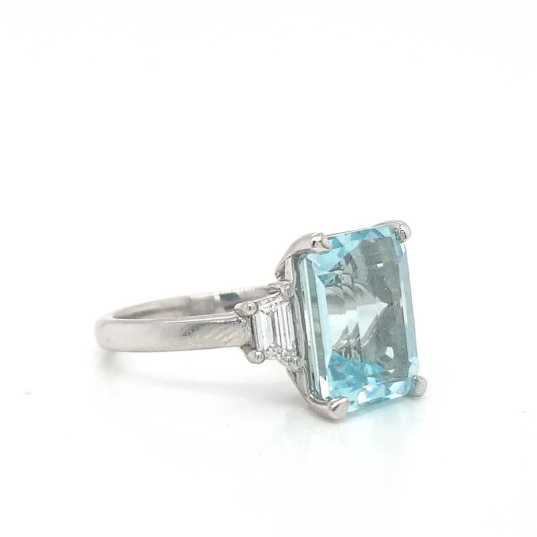 Aquamarine & Diamond Platinum Emerald & Trapezoid Cut Three Stone Ring
