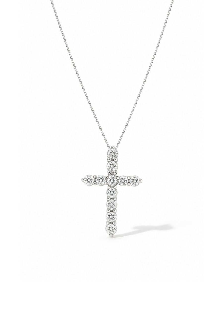 10ct White Gold Round Brilliant Diamond Four Claw Set Cross Pendant