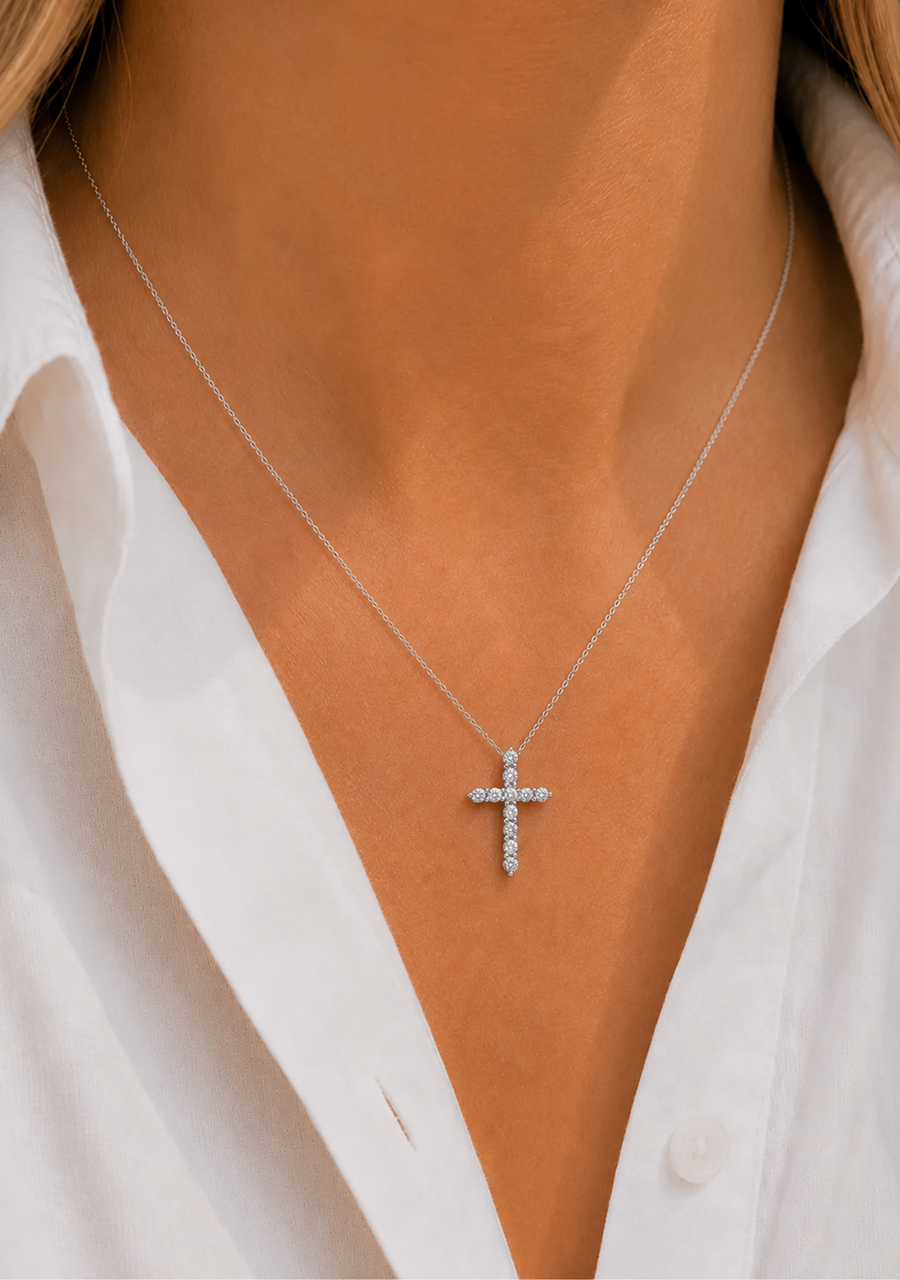 10ct White Gold Round Brilliant Diamond Four Claw Set Cross Pendant
