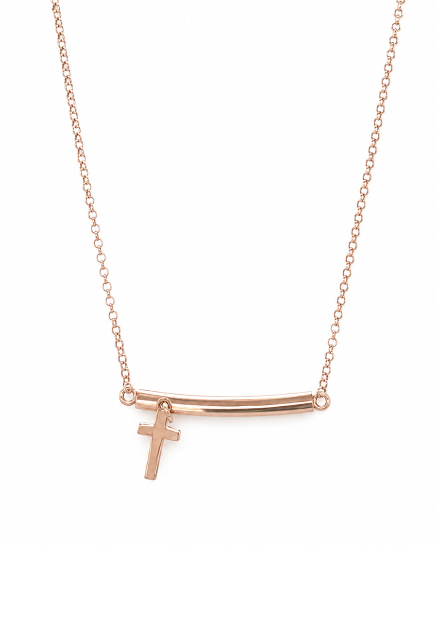 Sterling Silver Rose Gold Plated Cross and Bar Chain