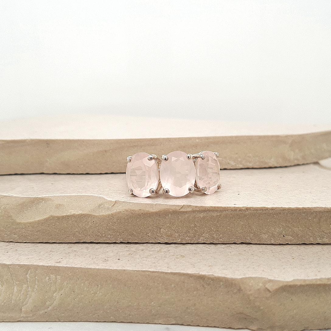 Sterling Silver Oval Rose Quartz Three Stone Ring