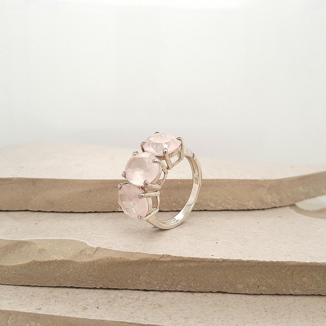Sterling Silver Oval Rose Quartz Three Stone Ring