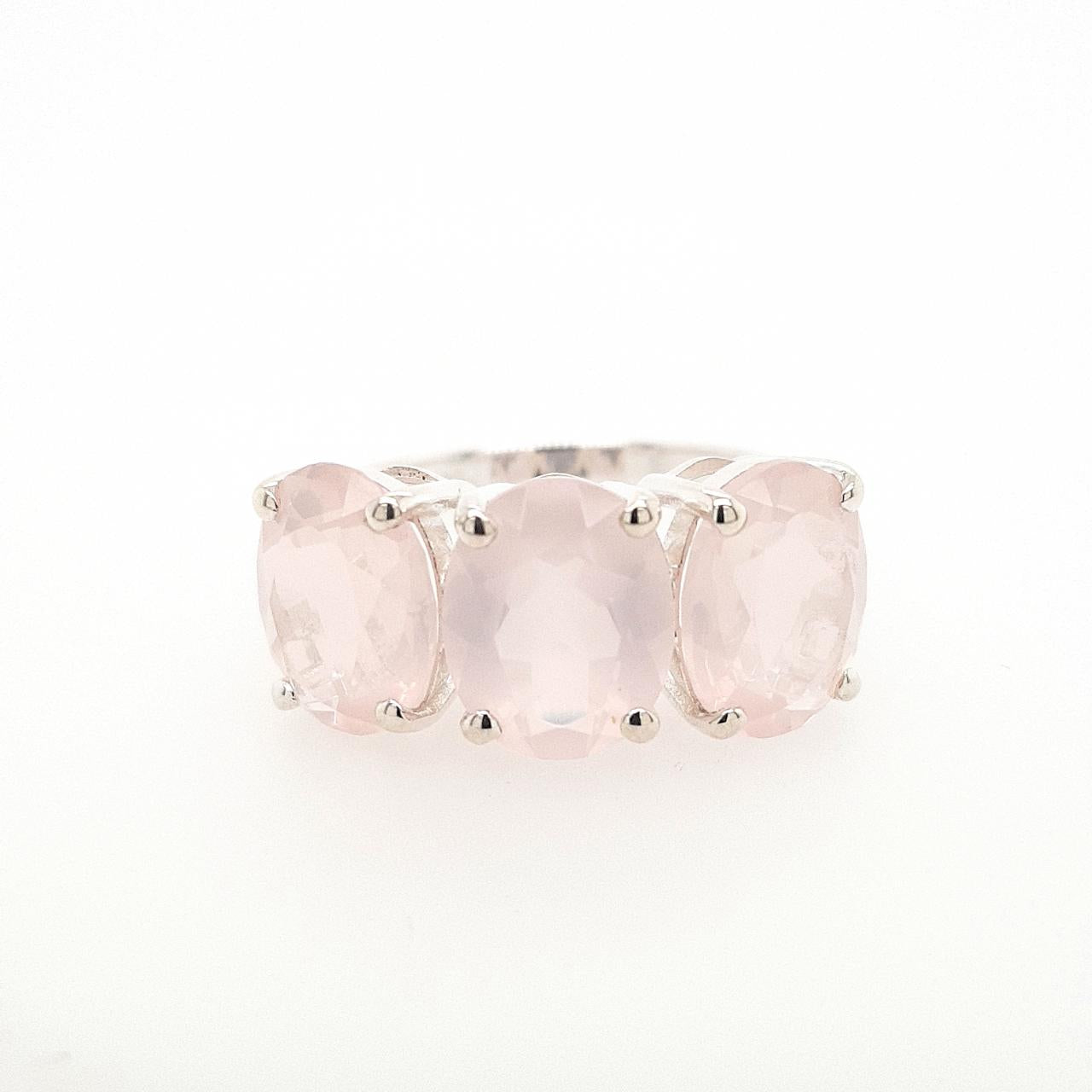 Sterling Silver Oval Rose Quartz Three Stone Ring