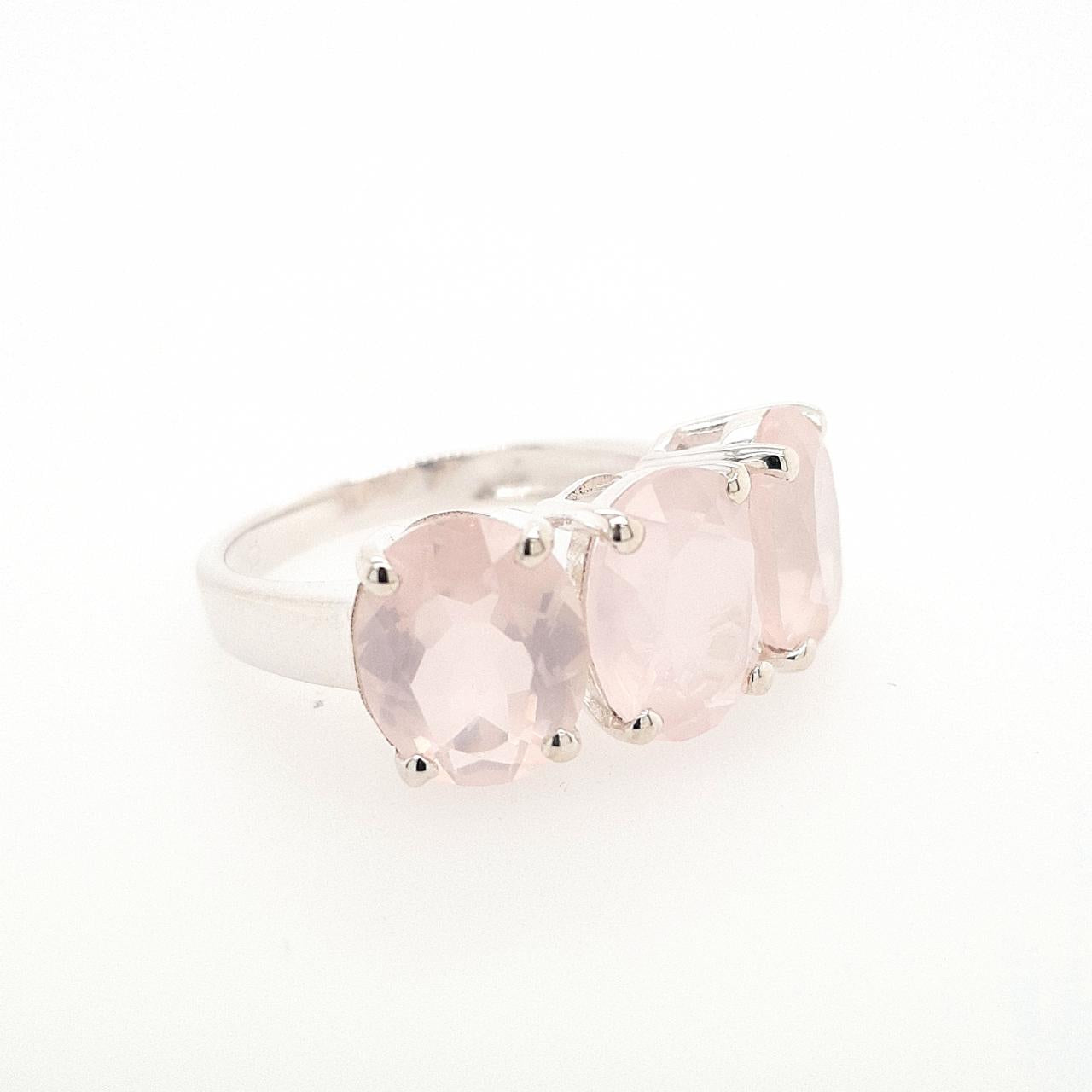 Sterling Silver Oval Rose Quartz Three Stone Ring