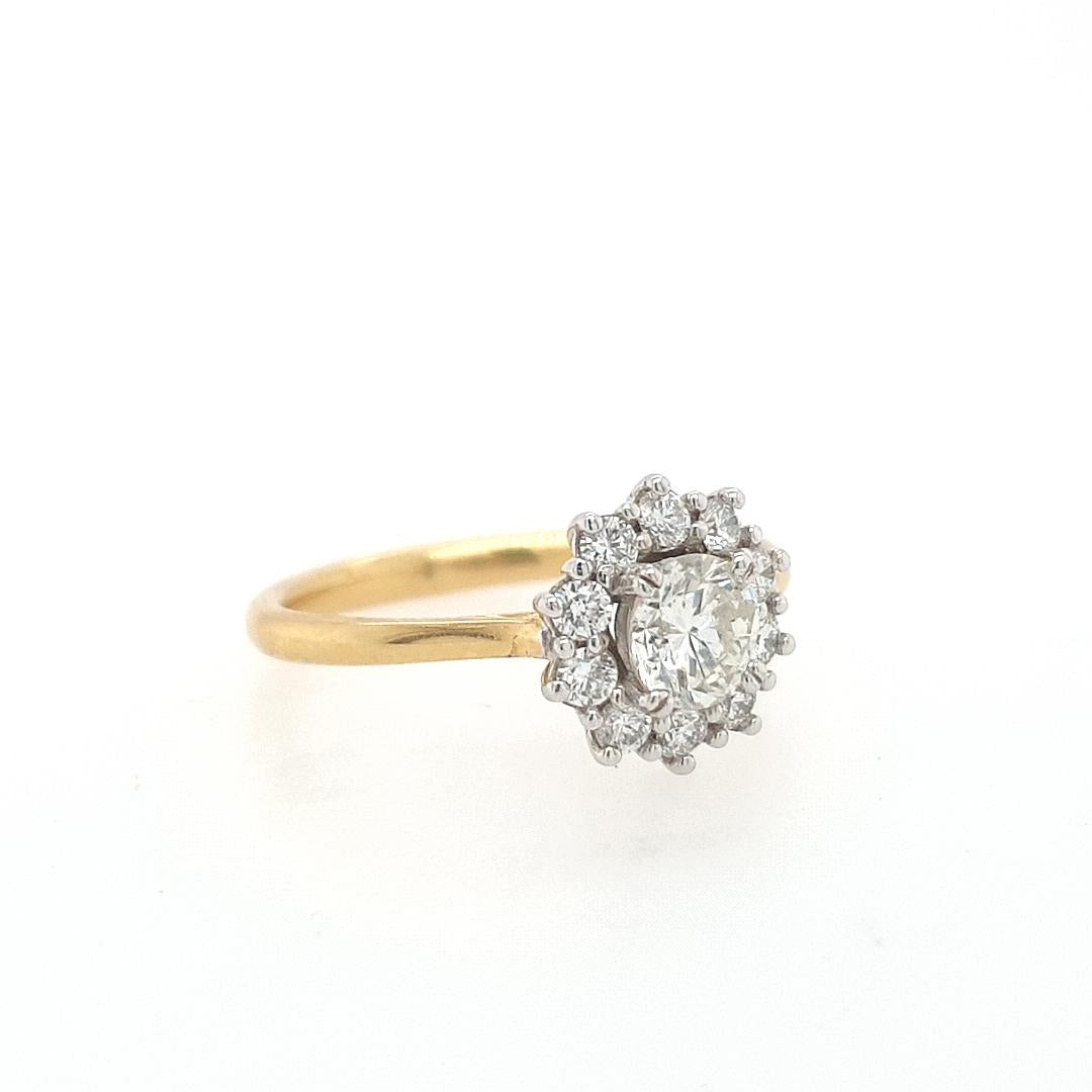 18ct Yellow Gold 0.55ct Round Brilliant Centre Diamond with 0.33ct Accent Round Brilliant Diamond Cluster Ring