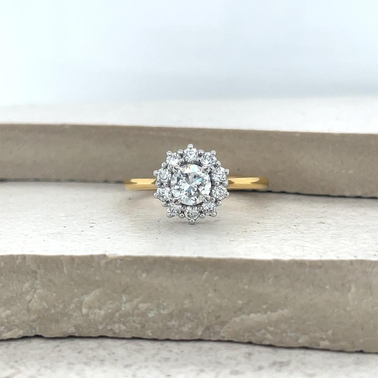 18ct Yellow Gold 0.55ct Round Brilliant Centre Diamond with 0.33ct Accent Round Brilliant Diamond Cluster Ring