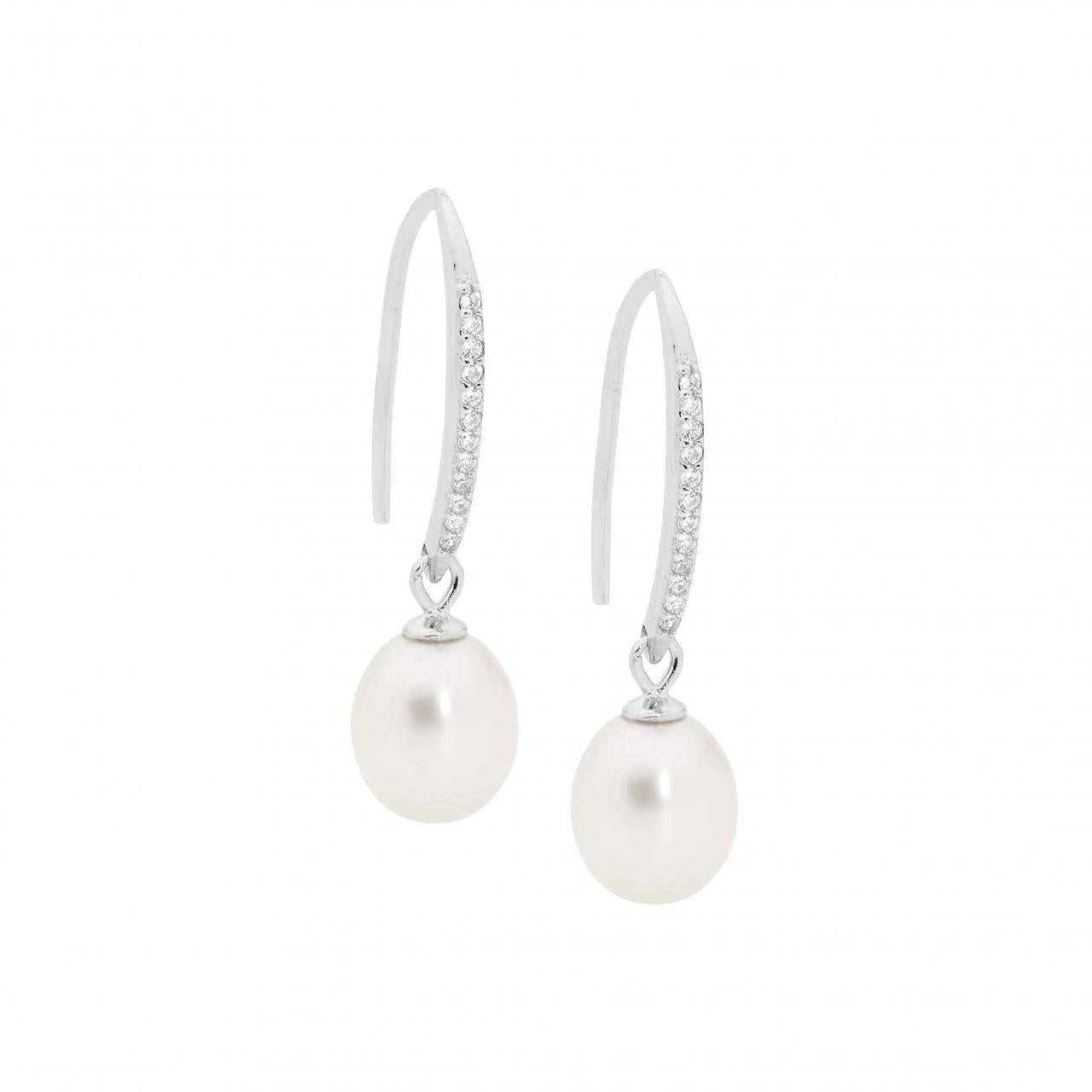 Ellani Sterling Silver CZ and Freshwater Pearl Hook Drop Earrings