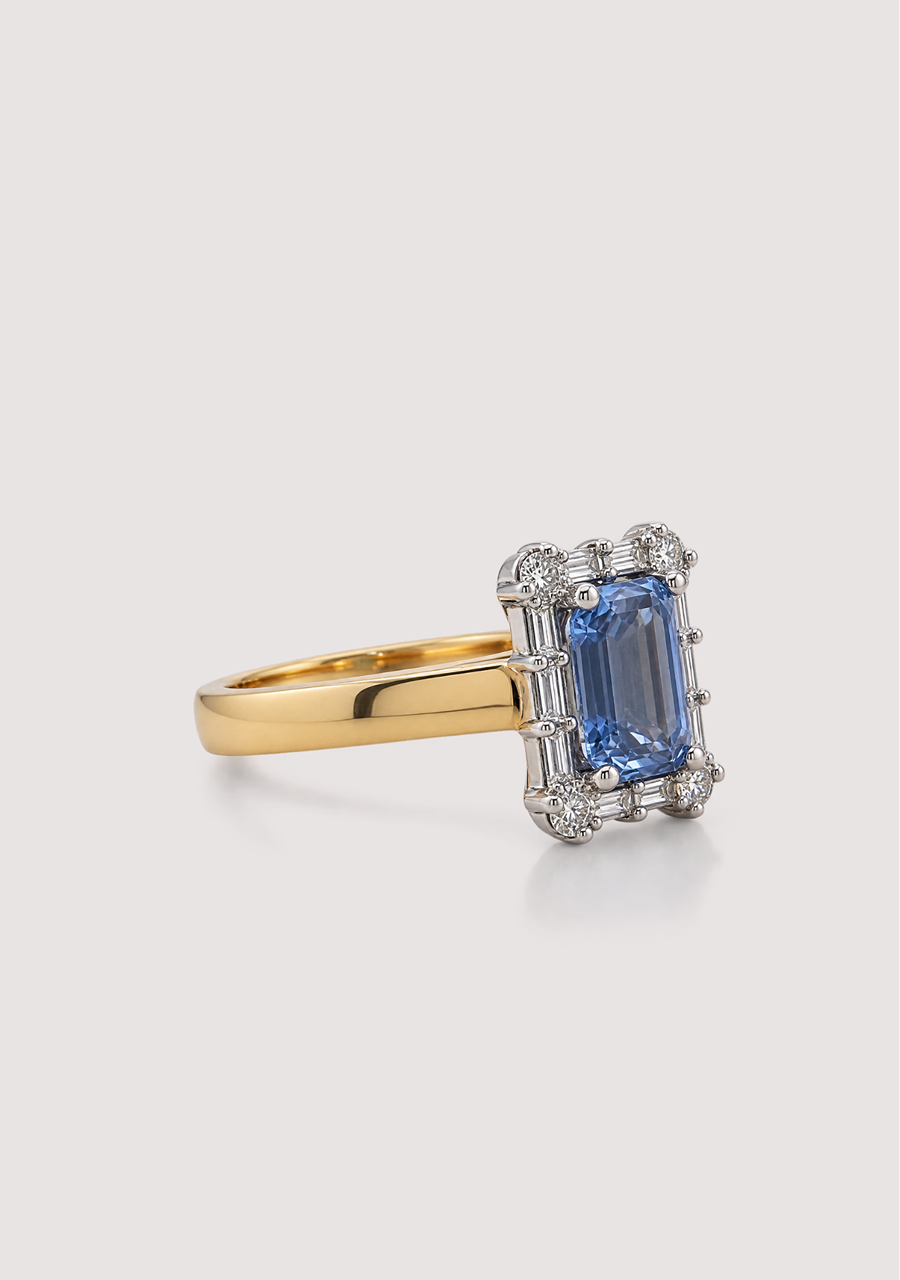 Sapphire & Diamond 18ct Yellow & White Gold Baguette & Round Diamond Cluster Ring