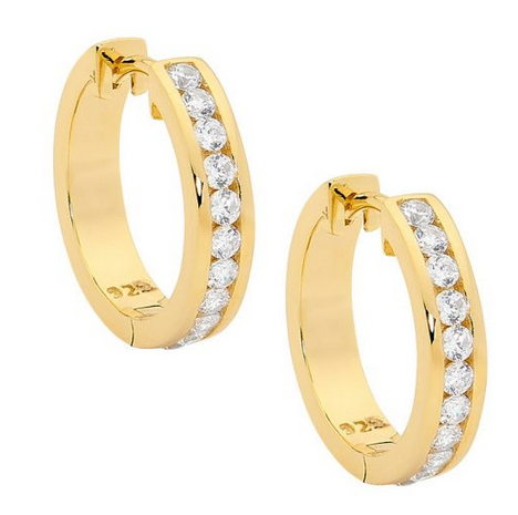 Ellani Sterling Silver & IP Yellow Gold Plated White Cubic Zirconia Channel Set 18mm Hoop Earrings
